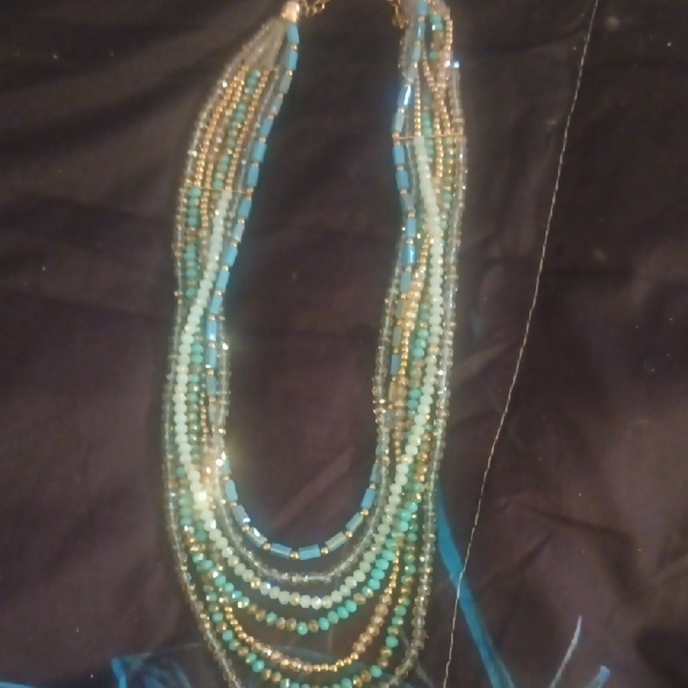 Blue and Gold Multi-Strand Glass Beaded Necklace with Layered Effect